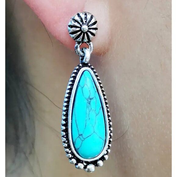 Bohemian Teardrop Earrings - Synthetic Turquoise & Electro-Plated White Gold - Picture 2 of 4